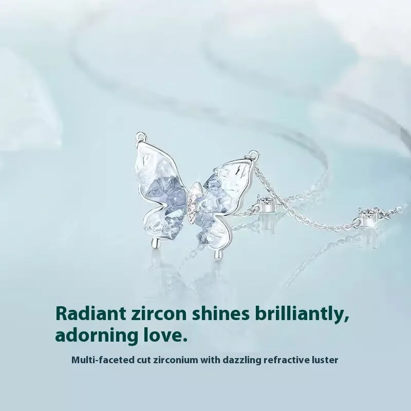 Bingyu butterfly pendant necklace in S925 silver on adjustable O-ring chain 41-50cm
