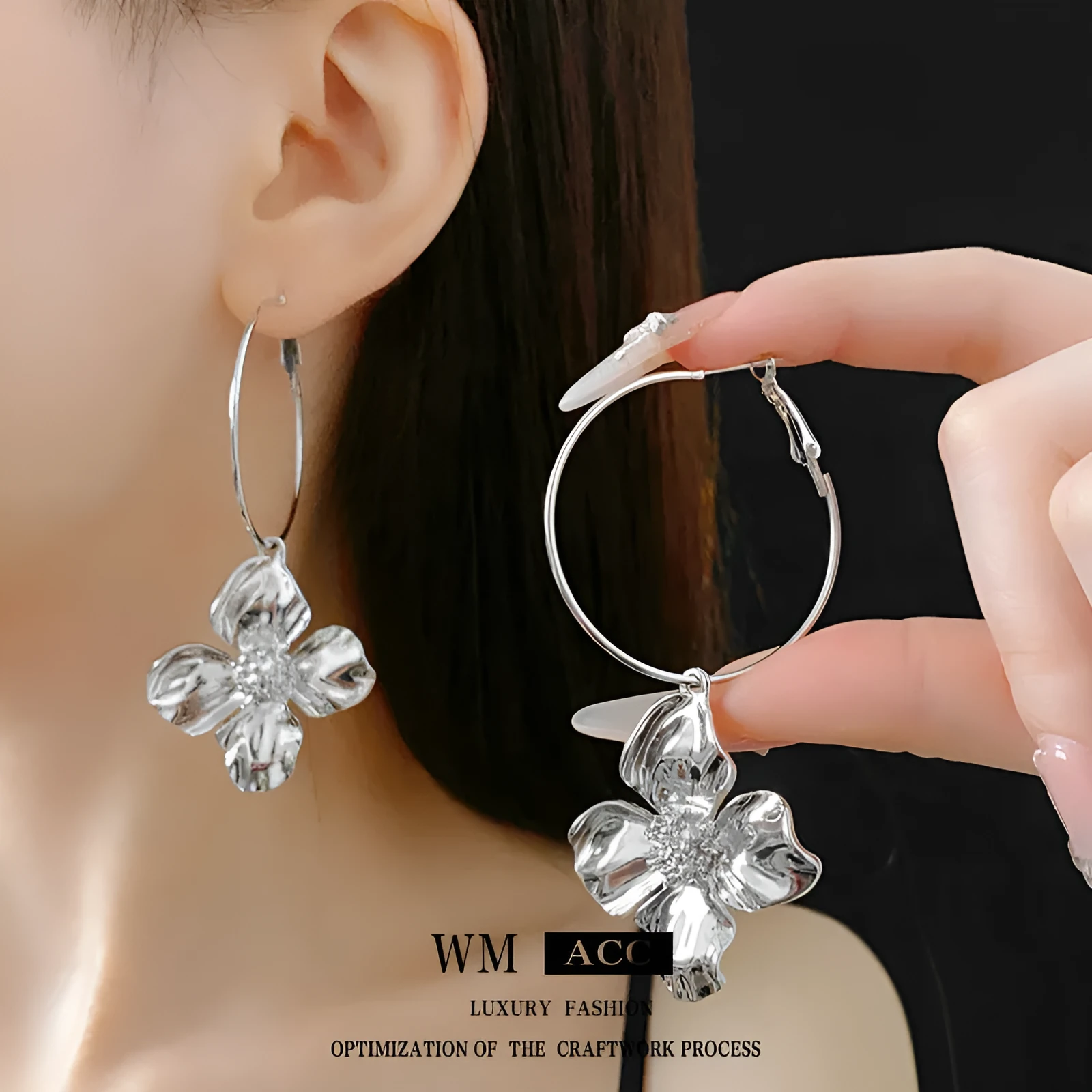 Silver needle metal flower earrings with gold electroplated finish, vintage style for women