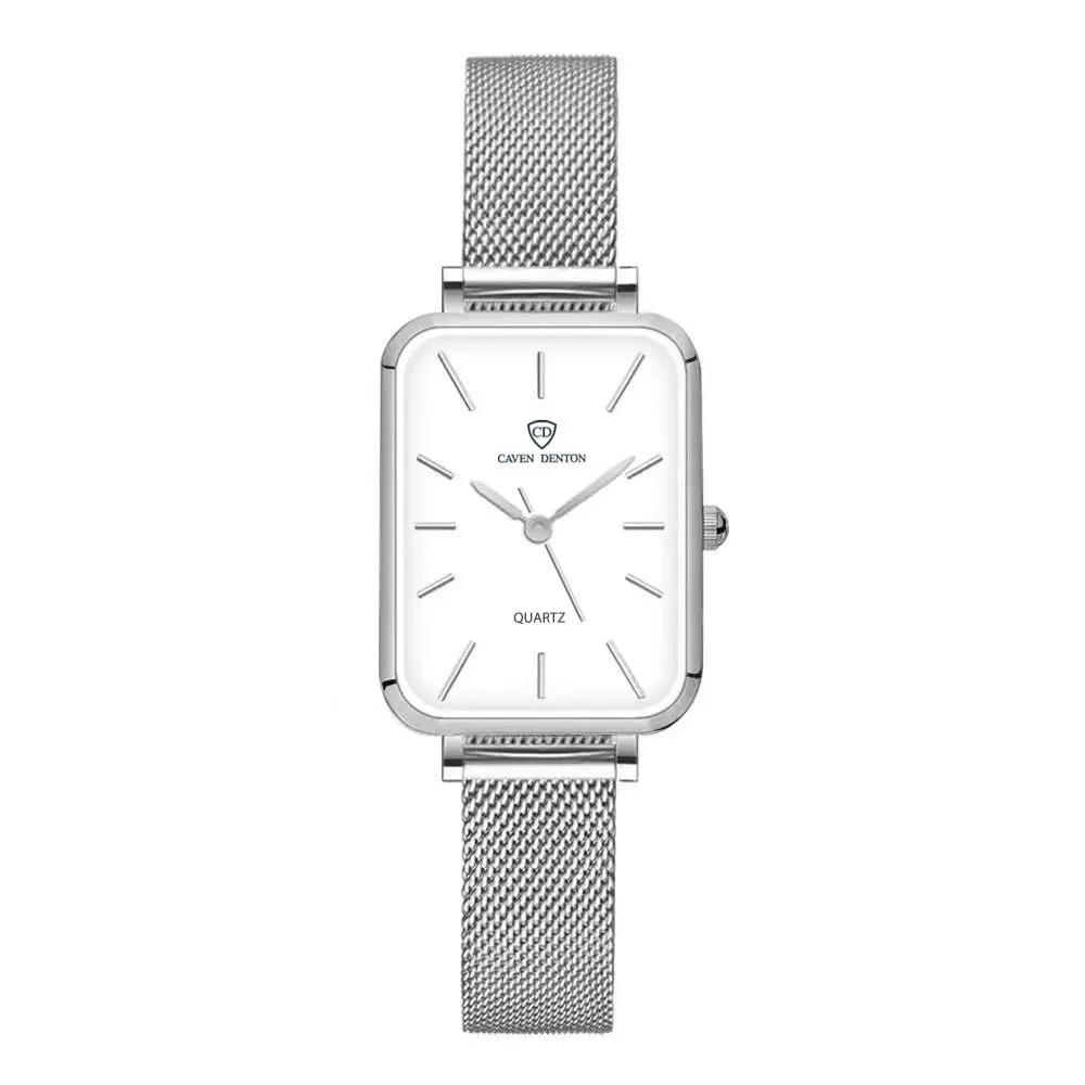 Women's quartz watch with alloy case, mineral glass, woven steel strap, rose gold or silver finishes, 30m waterproof
