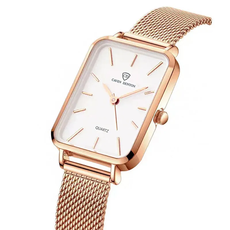 Women's quartz watch with alloy case, mineral glass, woven steel strap, rose gold or silver finishes, 30m waterproof