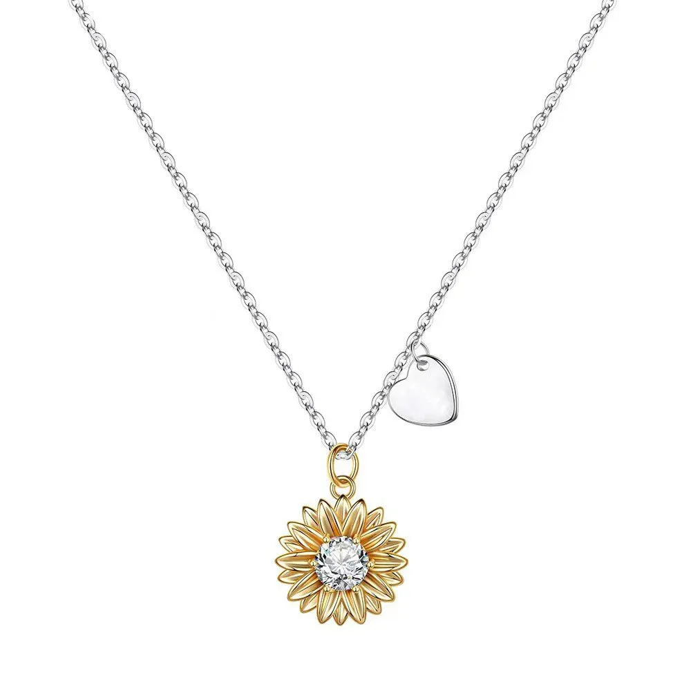 925 silver love sunflower pendant necklace with adjustable 21-50cm cross chain on woman