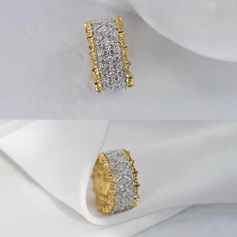 Two-tone gold copper ring with round zircon stone, unisex geometric design, size No 7
