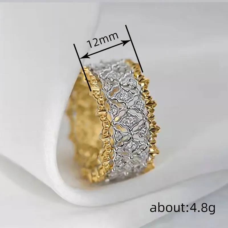Two-tone gold copper ring with round zircon stone, unisex geometric design, size No 7