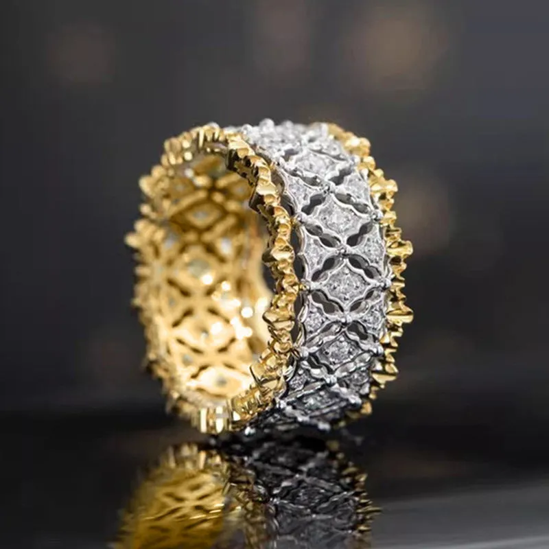 Two-tone gold copper ring with round zircon stone, unisex geometric design, size No 7