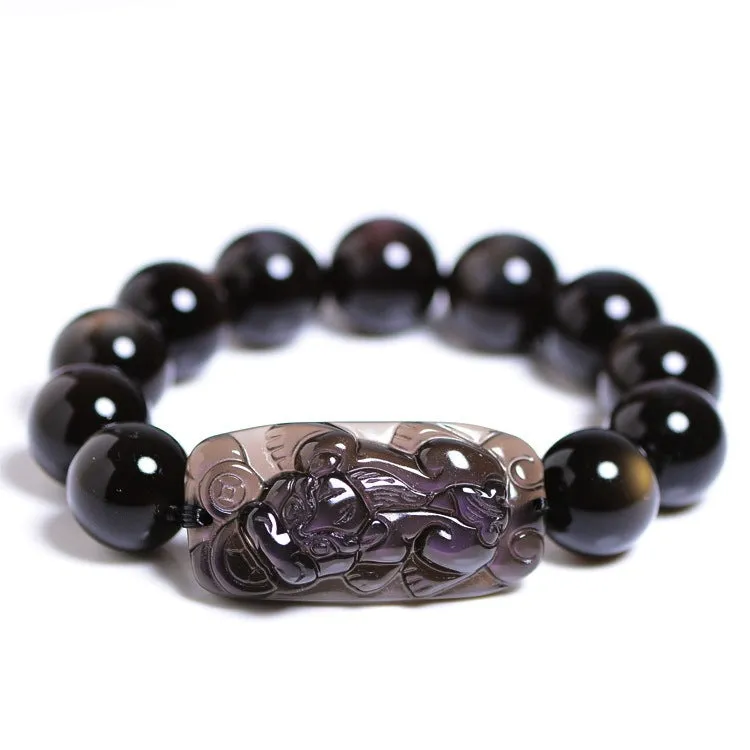 Polished crystal Pi Xiu bracelet with double-eye ice stone colouration in ethnic geometric style