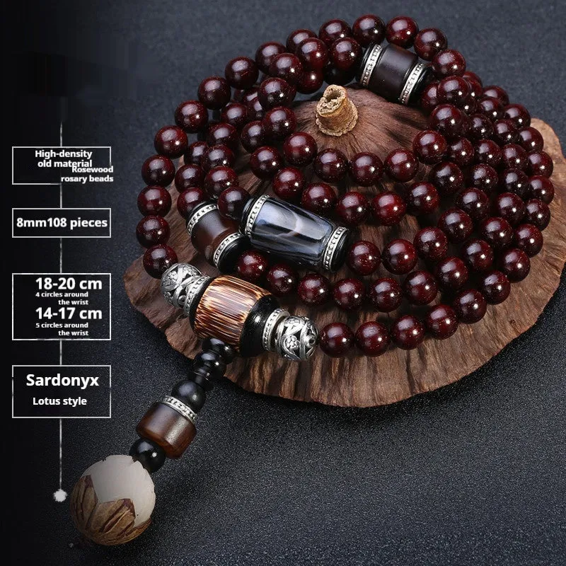 Men's rosewood 108 bead bracelet in national style with choice of stone designs and 6mm or 8mm bead sizes.