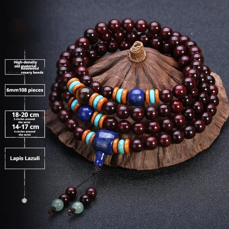 Men's rosewood 108 bead bracelet in national style with choice of stone designs and 6mm or 8mm bead sizes.