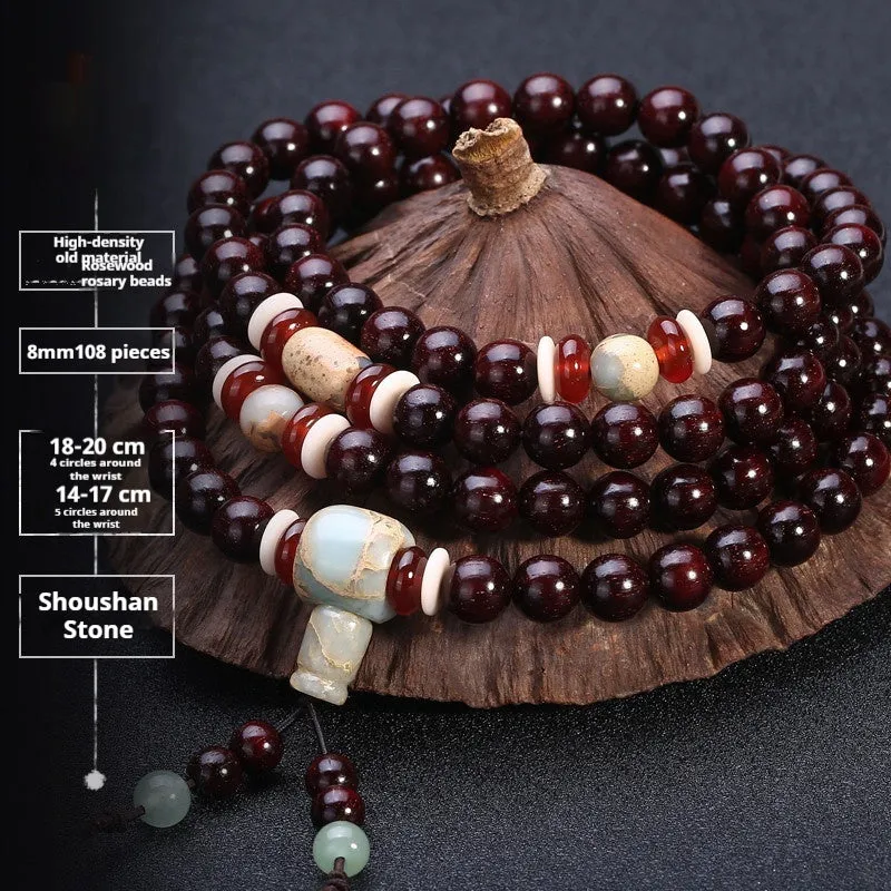 Men's rosewood 108 bead bracelet in national style with choice of stone designs and 6mm or 8mm bead sizes.