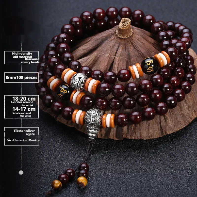 Men's rosewood 108 bead bracelet in national style with choice of stone designs and 6mm or 8mm bead sizes.