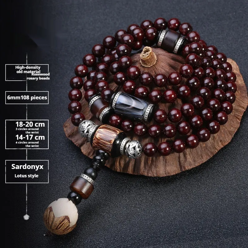 Men's rosewood 108 bead bracelet in national style with choice of stone designs and 6mm or 8mm bead sizes.