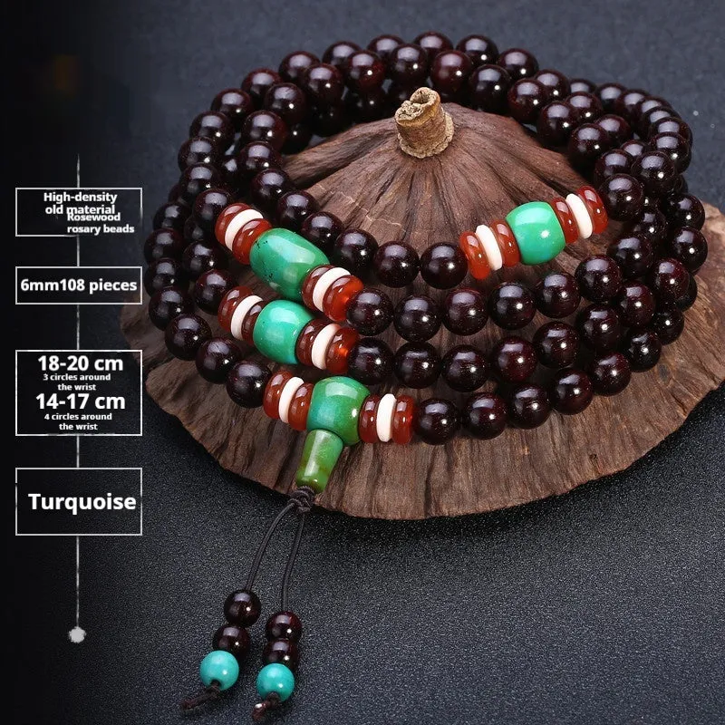 Men's rosewood 108 bead bracelet in national style with choice of stone designs and 6mm or 8mm bead sizes.