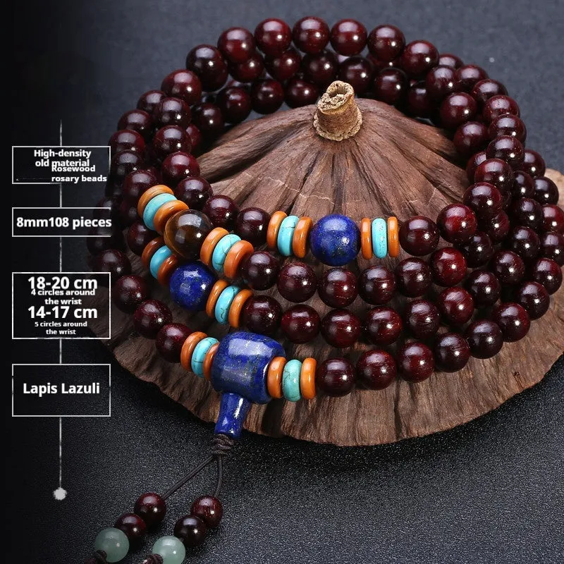 Men's rosewood 108 bead bracelet in national style with choice of stone designs and 6mm or 8mm bead sizes.