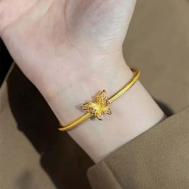 Copper half bracelet with New Chinese retro hemp pattern and ancient silk butterfly motif, electroplated finish
