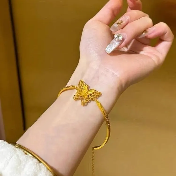 Copper half bracelet with New Chinese retro hemp pattern and ancient silk butterfly motif, electroplated finish