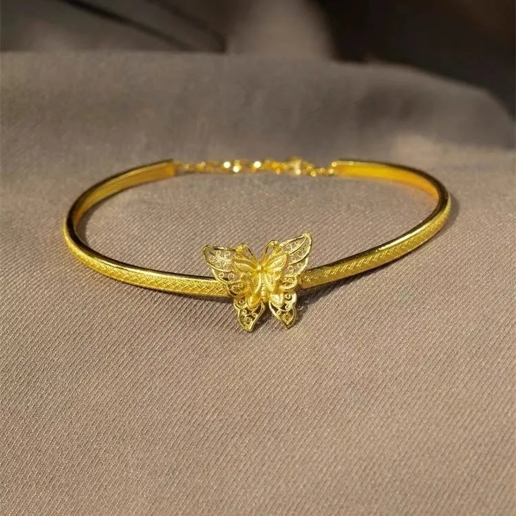 Copper half bracelet with New Chinese retro hemp pattern and ancient silk butterfly motif, electroplated finish