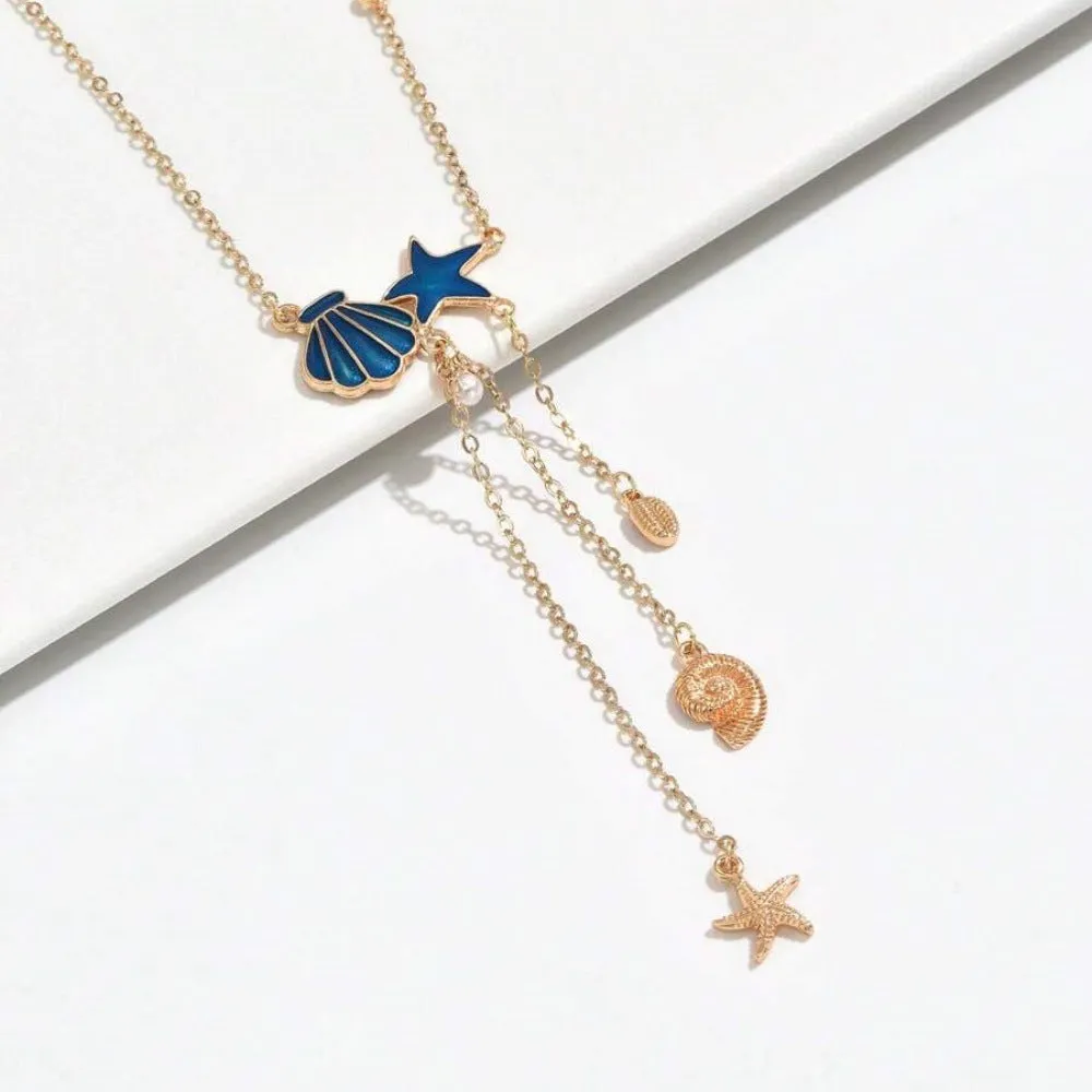 Simple starfish and shell pendant necklace for women, mixed gem inlay, alloy, ABS pearl, dripping oil, O-ring chain