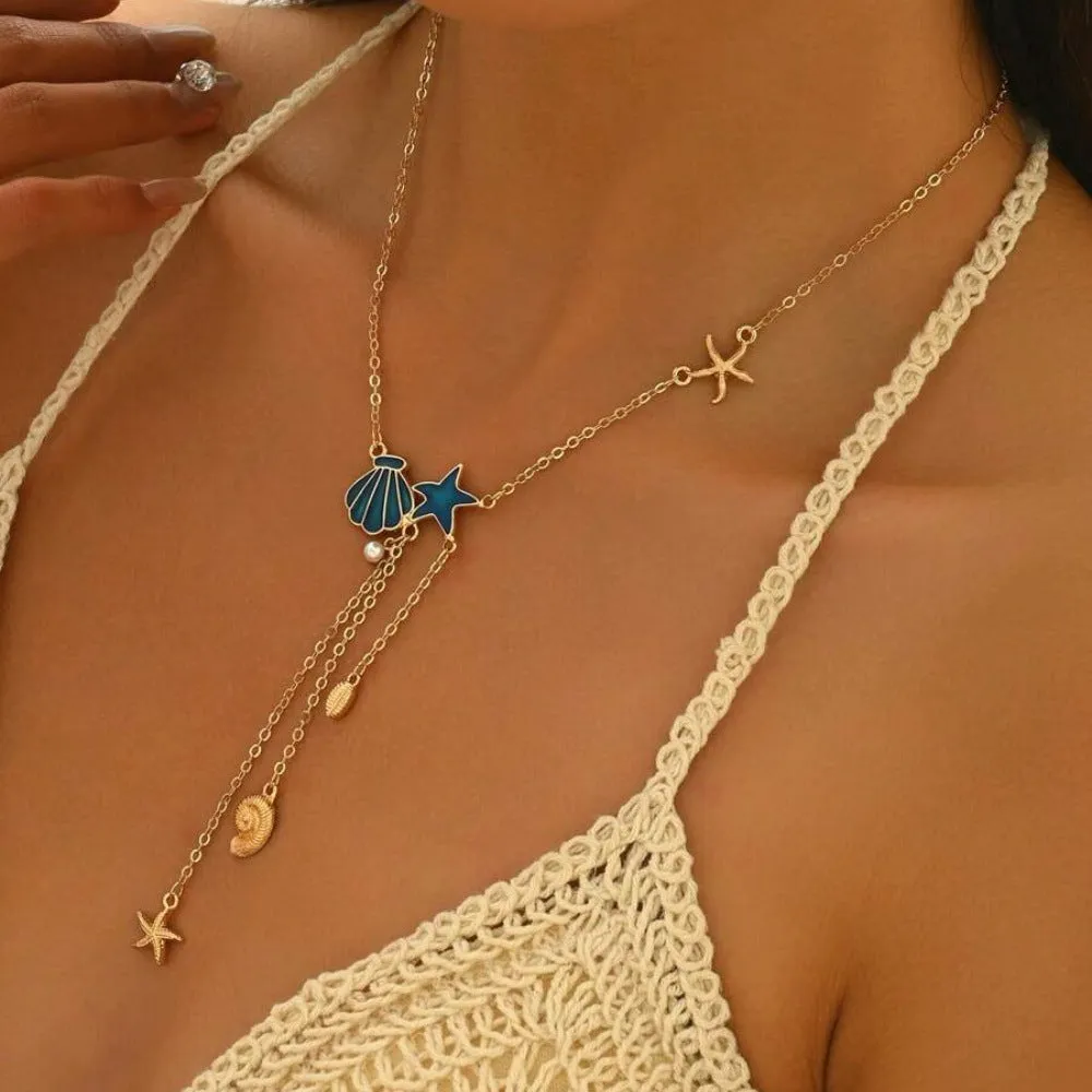Simple starfish and shell pendant necklace for women, mixed gem inlay, alloy, ABS pearl, dripping oil, O-ring chain