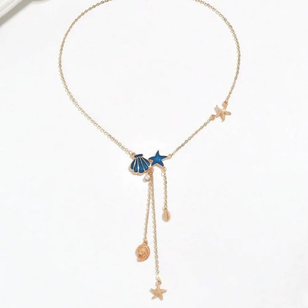 Simple starfish and shell pendant necklace for women, mixed gem inlay, alloy, ABS pearl, dripping oil, O-ring chain