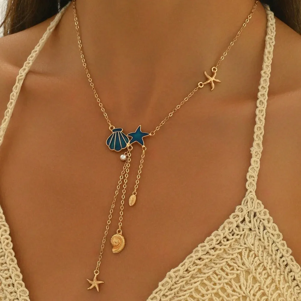 Simple starfish and shell pendant necklace for women, mixed gem inlay, alloy, ABS pearl, dripping oil, O-ring chain