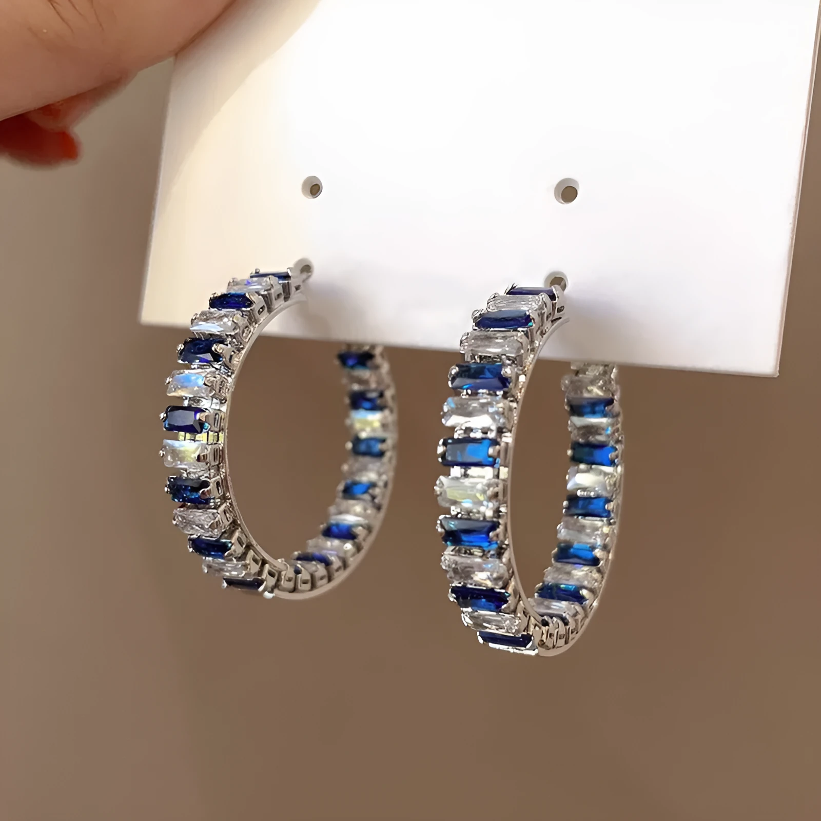 Large copper hoop earrings for women with geometric quadrilateral shape and inlaid zircon in white gold colour finish
