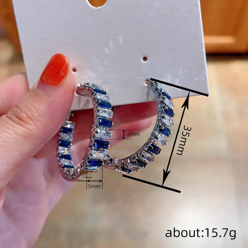 Large copper hoop earrings for women with geometric quadrilateral shape and inlaid zircon in white gold colour finish