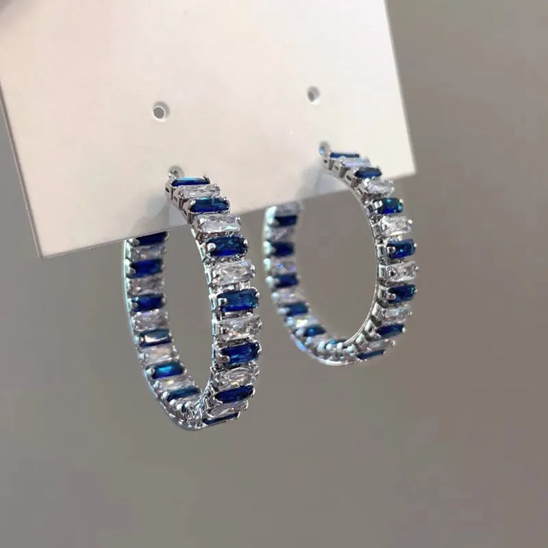 Large copper hoop earrings for women with geometric quadrilateral shape and inlaid zircon in white gold colour finish
