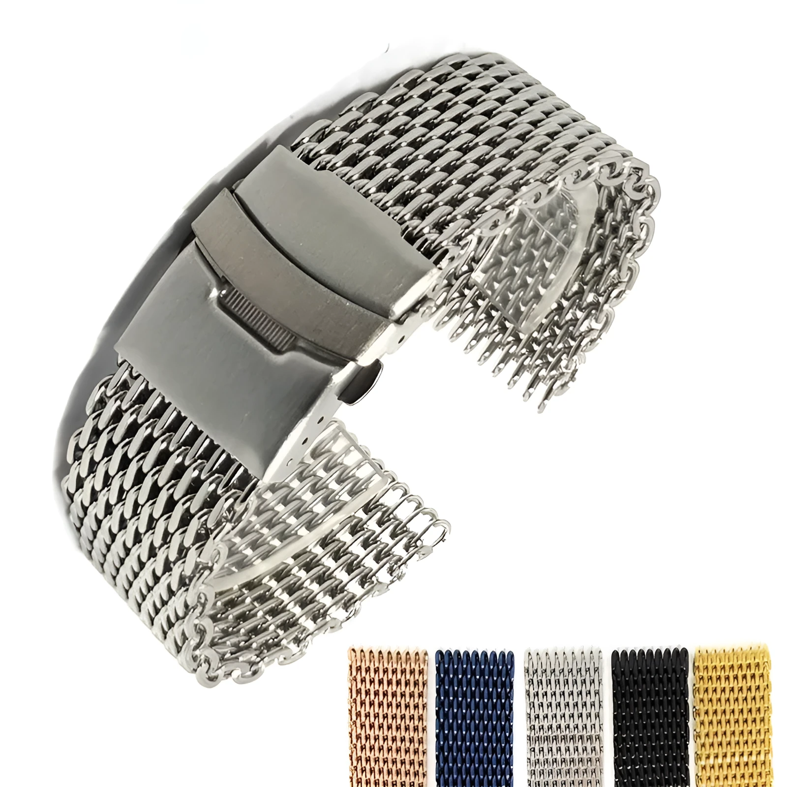Thickened 40mm cool shark mesh watch strap in silver, 20mm width, with distinctive textured pattern