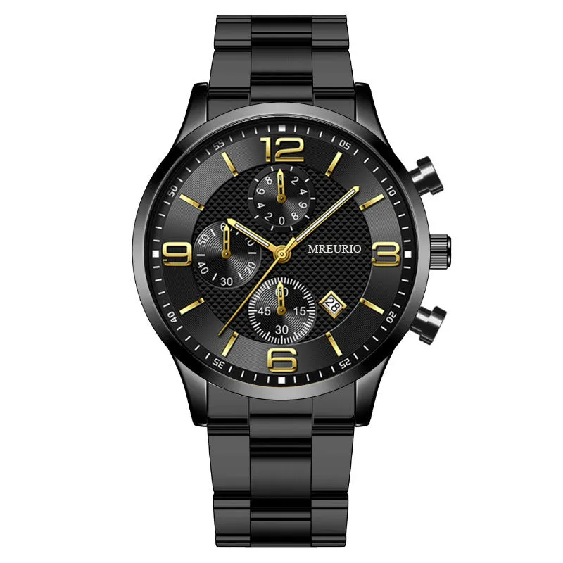 Fashion Numbers three-eye calendar men's watch with black dial and silver acupuncture needle hands