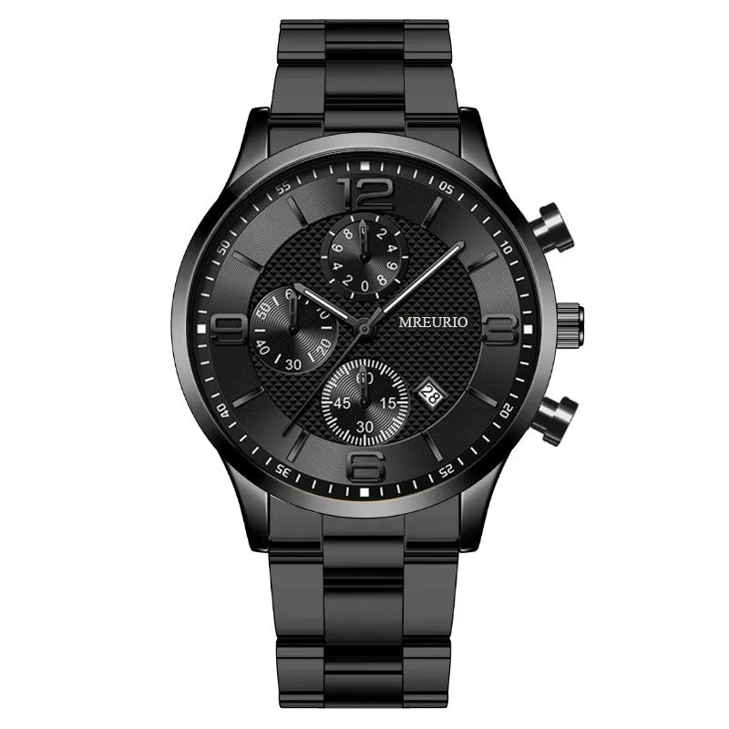 Fashion Numbers three-eye calendar men's watch with black dial and silver acupuncture needle hands
