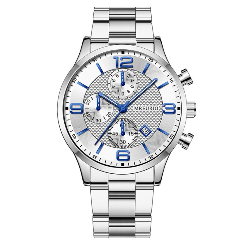 Fashion Numbers three-eye calendar men's watch with black dial and silver acupuncture needle hands