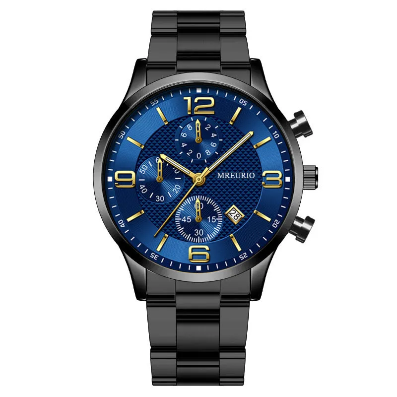 Fashion Numbers three-eye calendar men's watch with black dial and silver acupuncture needle hands