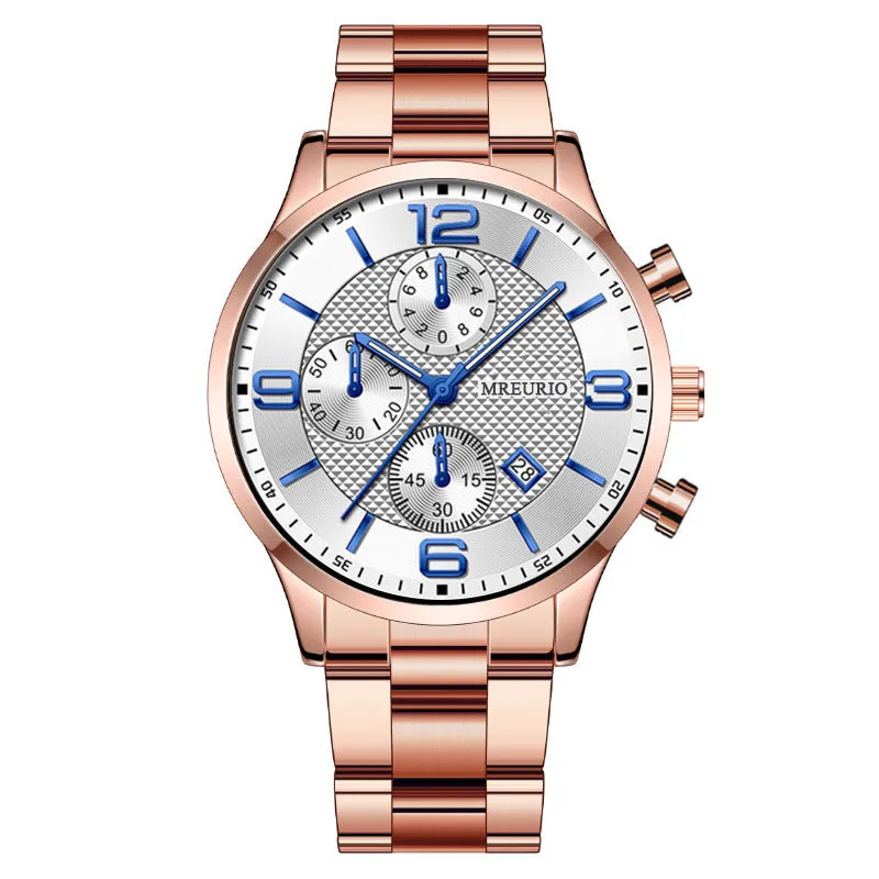 Fashion Numbers three-eye calendar men's watch with black dial and silver acupuncture needle hands