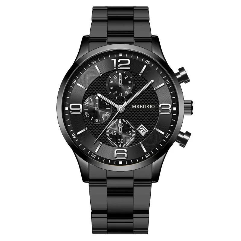Fashion Numbers three-eye calendar men's watch with black dial and silver acupuncture needle hands