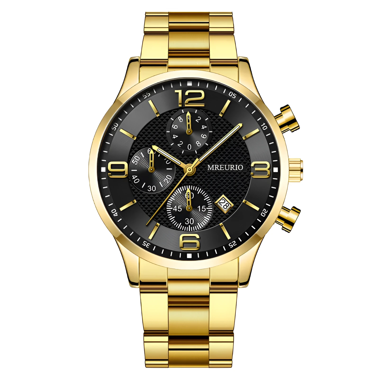 Fashion Numbers three-eye calendar men's watch with black dial and silver acupuncture needle hands