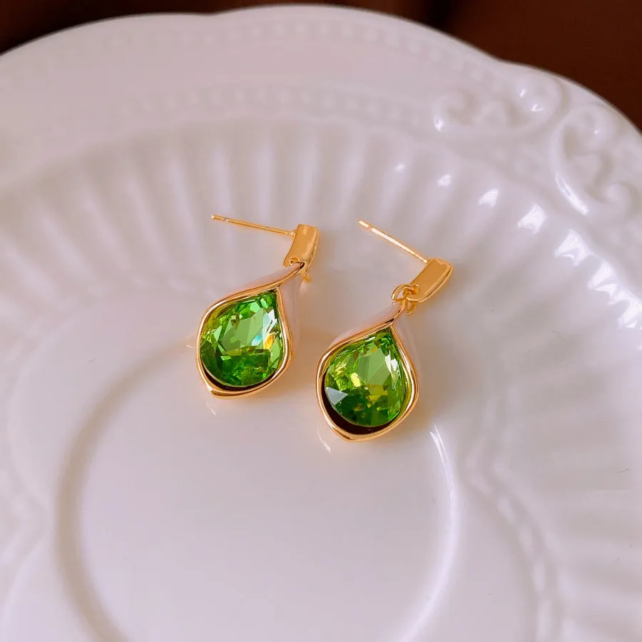 Real gold electroplated water drop-shaped earrings with inlaid zircon and crystal pendant