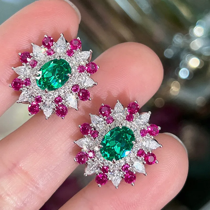 White gold stud earrings with oval zircon stone and geometric floral design on copper base