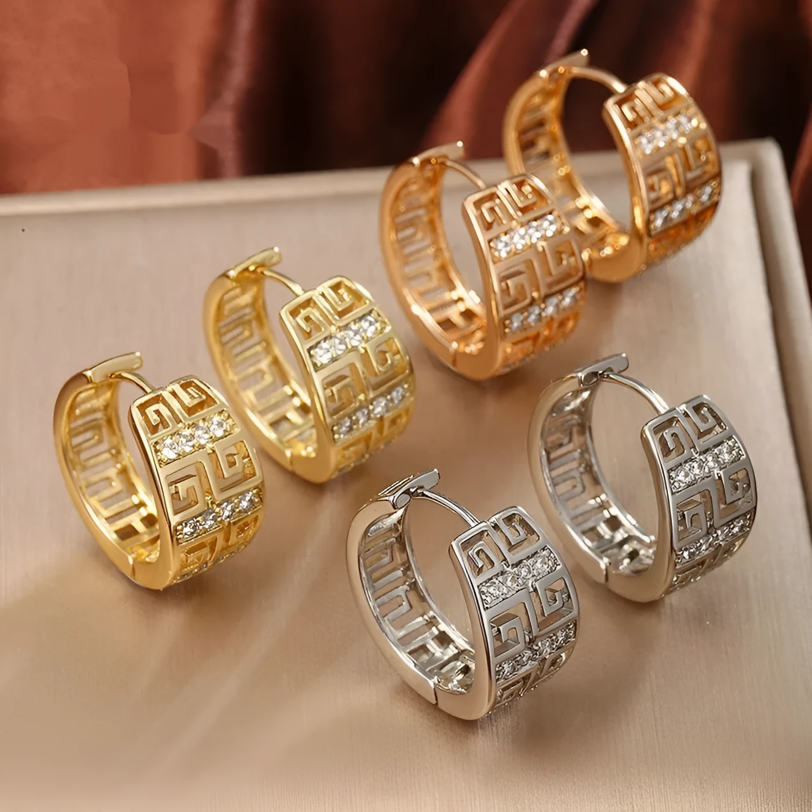 Geometric copper inlaid zircon earrings for women, 18K gold plated, round shape, European American style