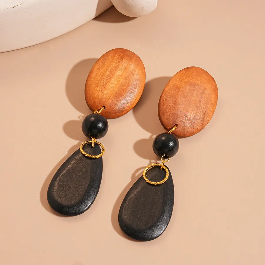 Wooden retro fashion earrings with ellipse shape in brown-black colour European American style
