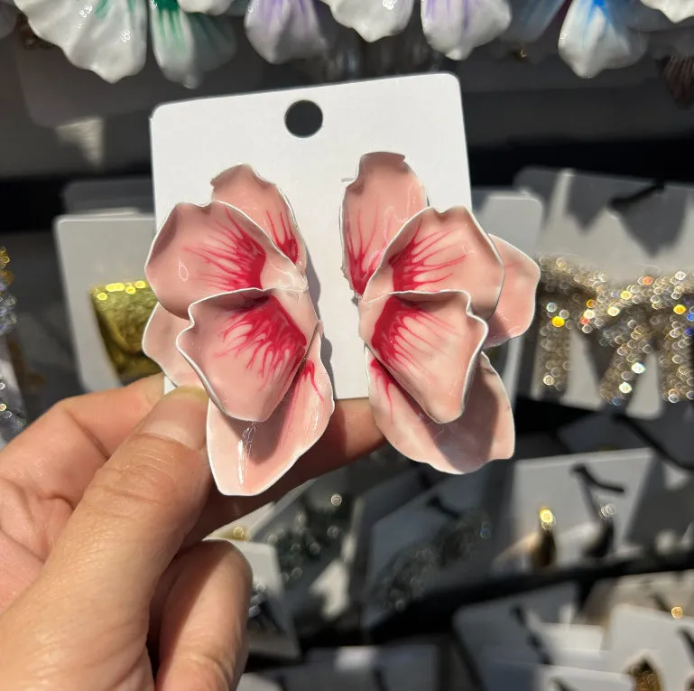 Pastoral style alloy floral stud earrings with oil-spot glaze finish in four colour options
