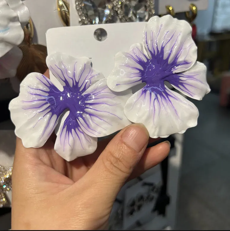 Pastoral style alloy floral stud earrings with oil-spot glaze finish in four colour options