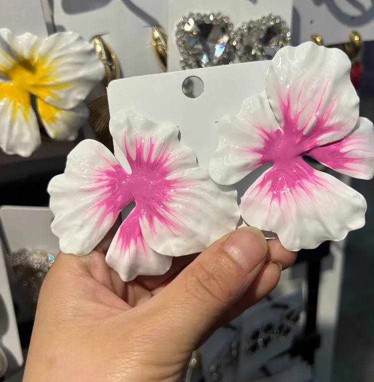 Pastoral style alloy floral stud earrings with oil-spot glaze finish in four colour options