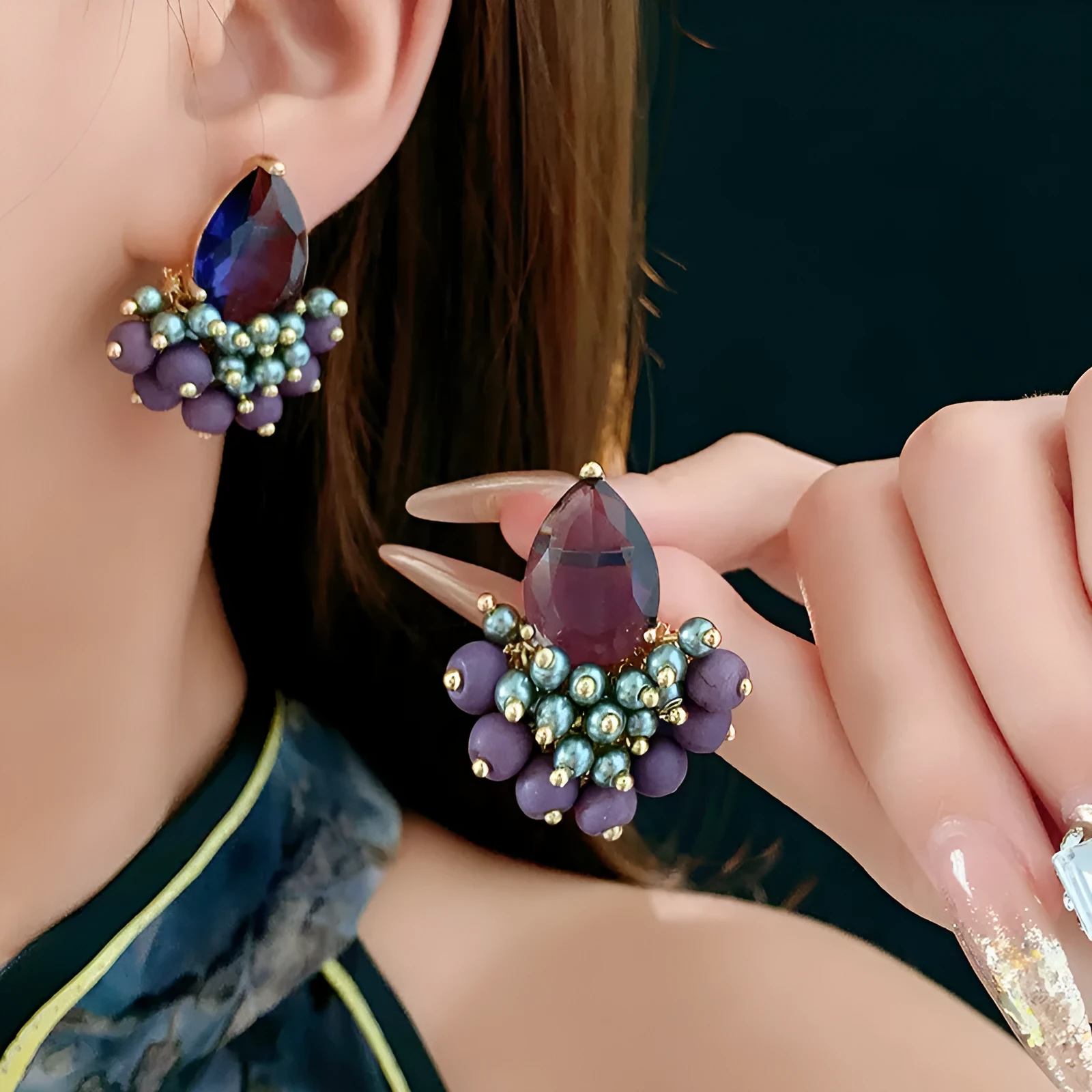 Retro alloy zircon tassel earrings in purple droplet colour with silver needle post