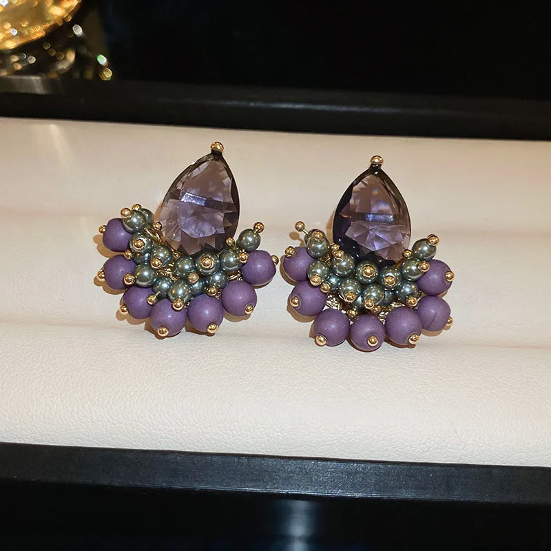 Retro alloy zircon tassel earrings in purple droplet colour with silver needle post