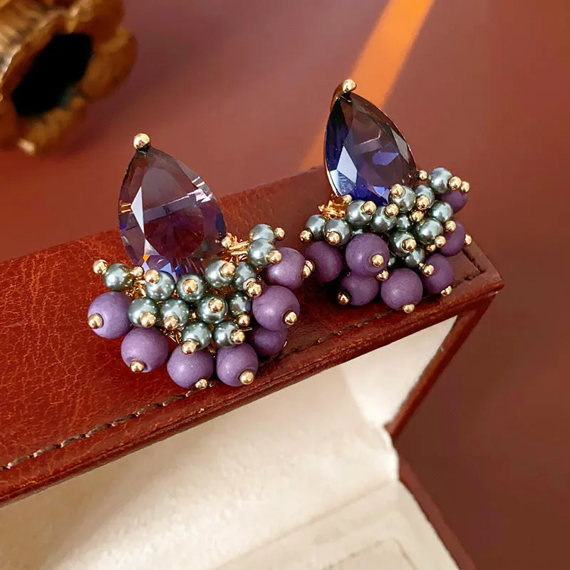 Retro alloy zircon tassel earrings in purple droplet colour with silver needle post