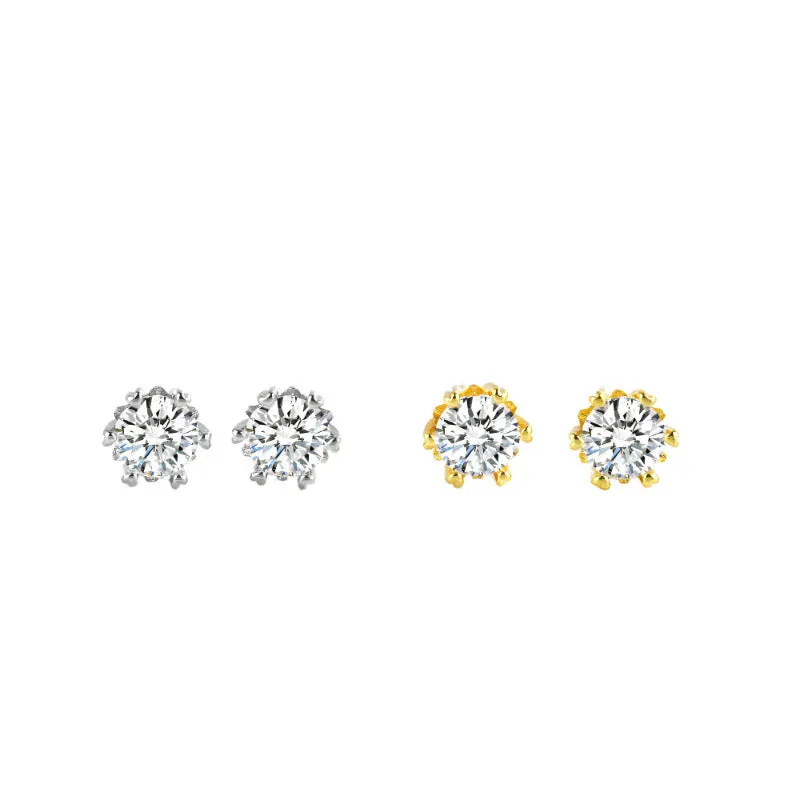 Silver brass zircon stud earrings heart shape hexagonal star design classic six-claw setting on white background