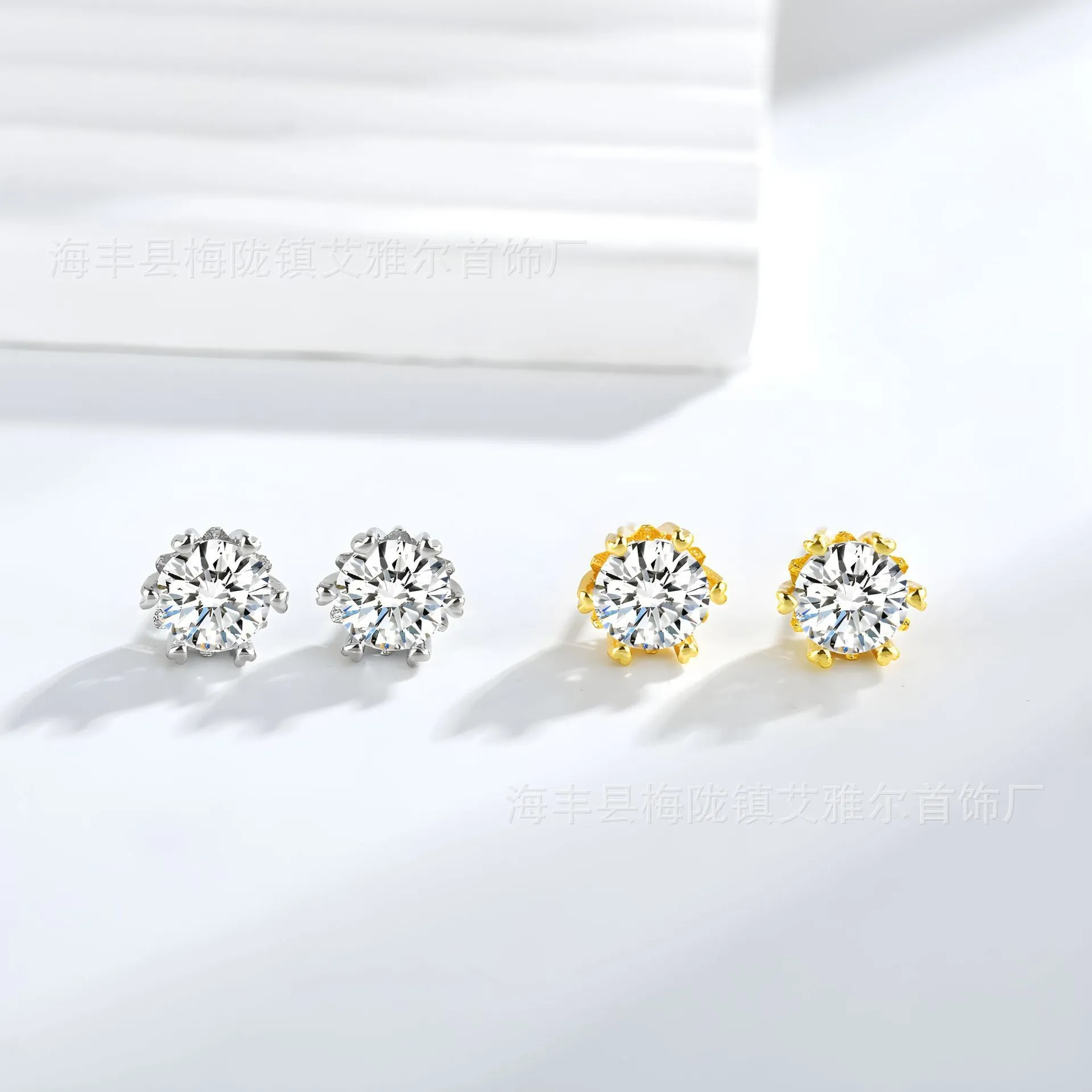 Silver brass zircon stud earrings heart shape hexagonal star design classic six-claw setting on white background