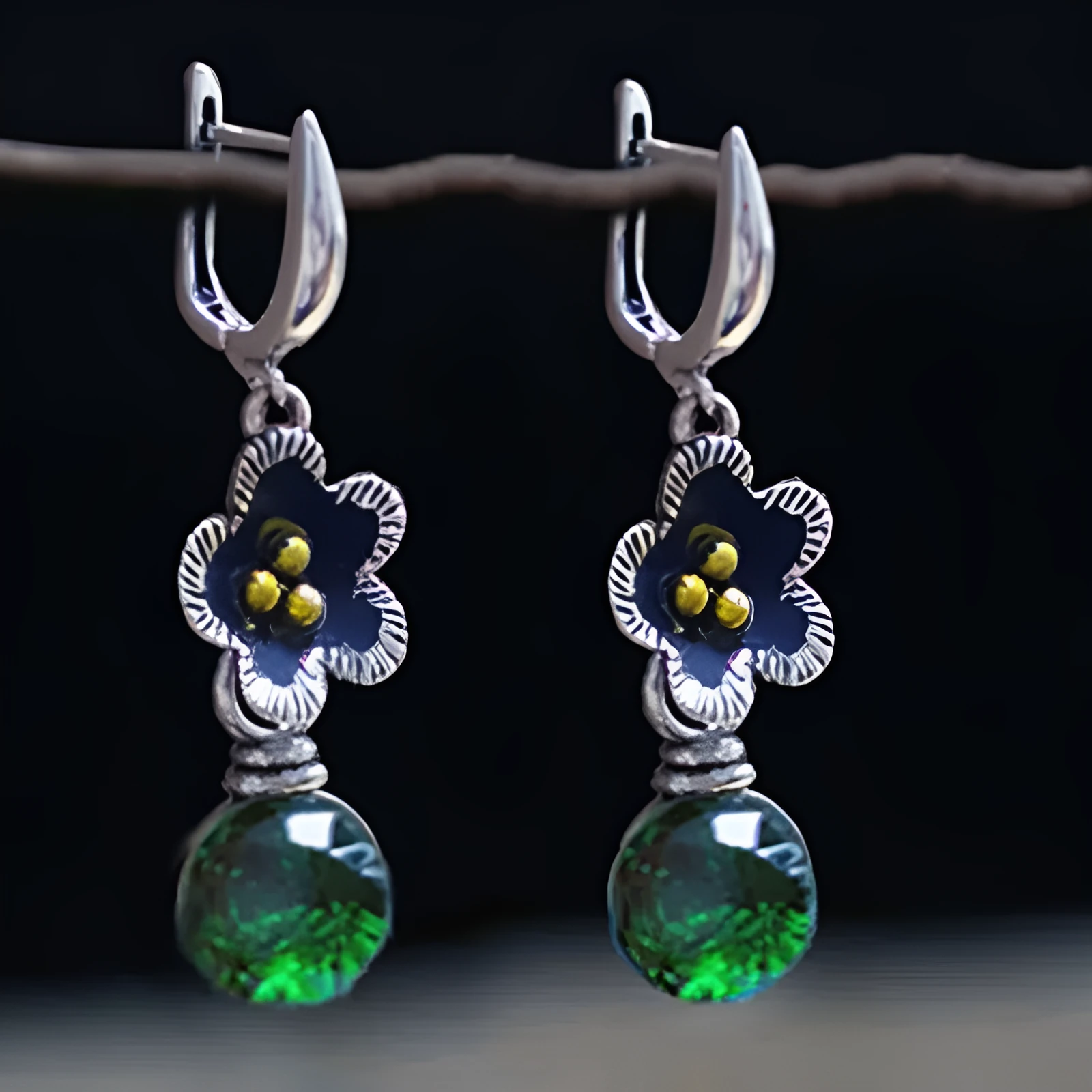 Handmade silver ethnic style long drop earrings with micro inlay geometric petal design on alloy base