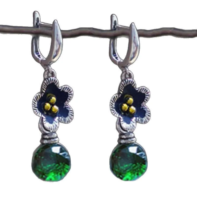Handmade silver ethnic style long drop earrings with micro inlay geometric petal design on alloy base