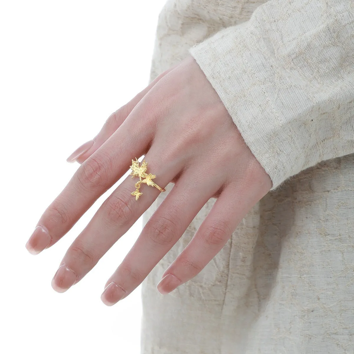 Silver butterfly ring with adjustable opening in 18K gold electroplated finish, women's original design