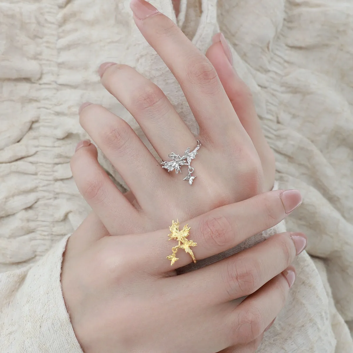 Silver butterfly ring with adjustable opening in 18K gold electroplated finish, women's original design
